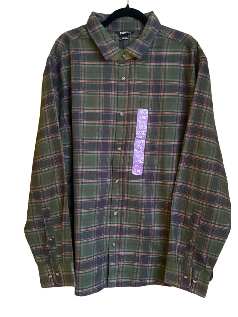 NTW Eddie Bauer Men’s XXL Plaid Button Down Shirt Green Orange Rustic Outdoorsy